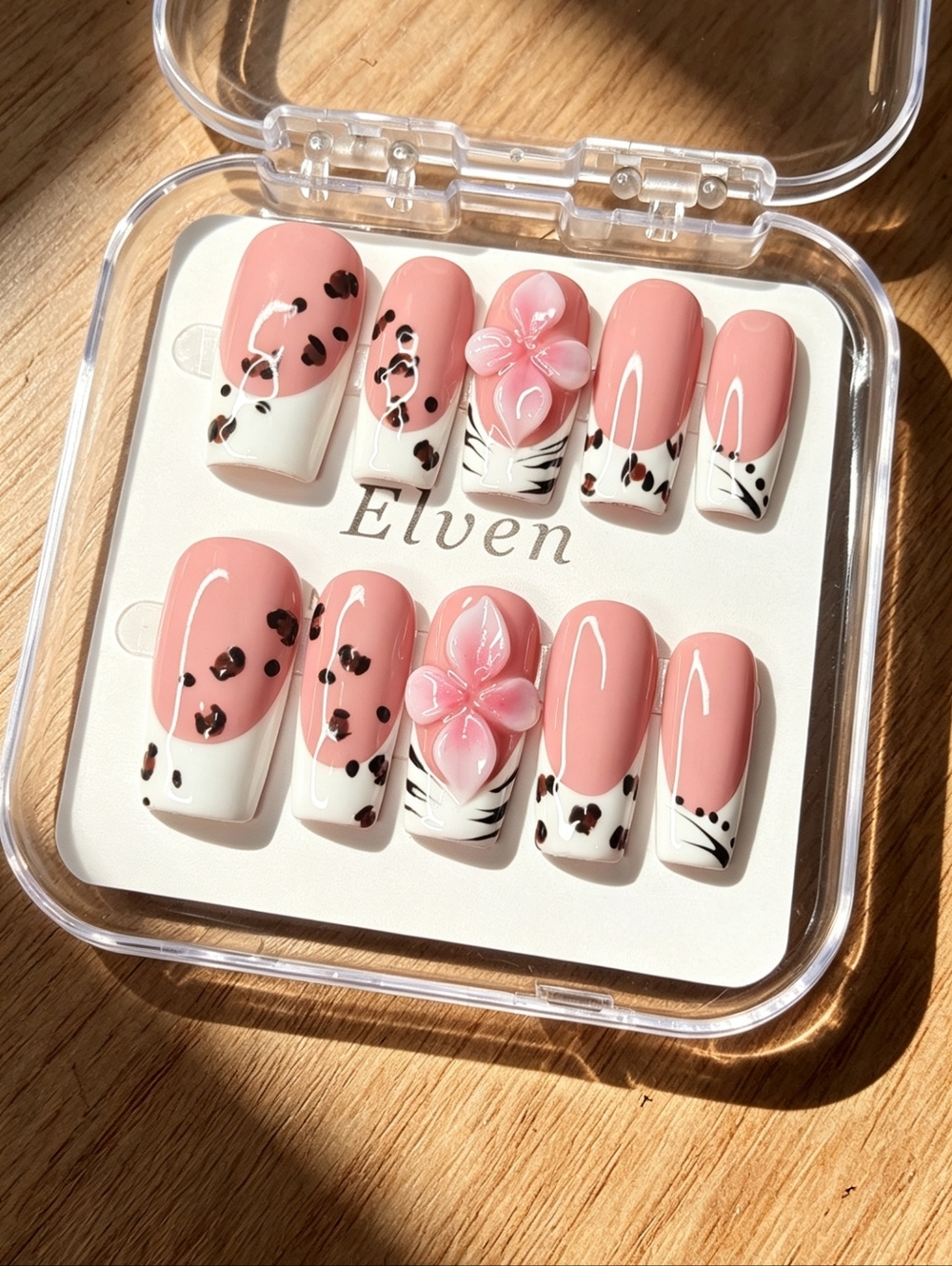 White French Tip Pink Floral & Leopard Long Square Handmade Press On Nails